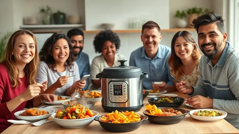 Usuários satisfeitos usando panela de pressão elétrica 5L para preparar refeições deliciosas em casa.