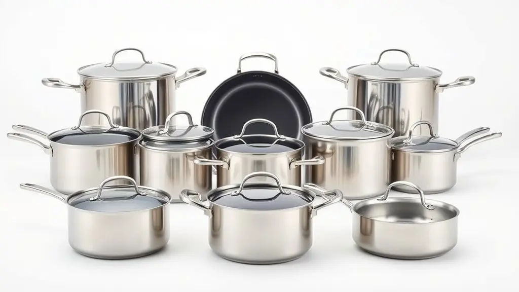 Conjunto simétrico de panelas e caçarolas modernas em aço inoxidável para cozinha profissional e durável.