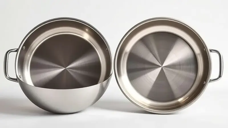 Comparação visual entre aço cirúrgico e aço inox em panelas de cozinha de alta qualidade.