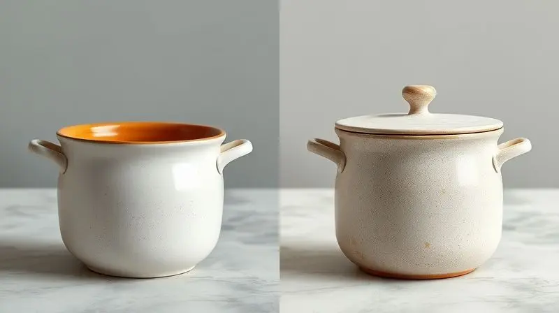 Comparação visual entre panela de cerâmica pura e com revestimento cerâmico para entender diferenças.