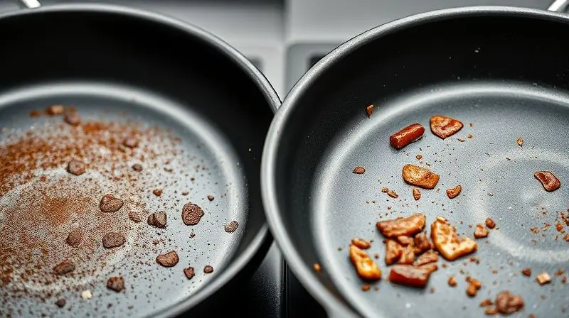 Comparação de durabilidade entre panela de cerâmica e antiaderente Teflon com resíduos de uso.
