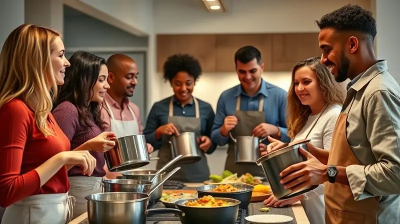Pessoas em cozinha discutindo uso de panelas e resolvendo dúvidas comuns sobre produtos de cozinha.