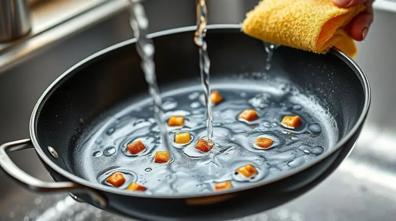 Limpeza fácil de panela antiaderente com esponja e água corrente, manutenção simples.
