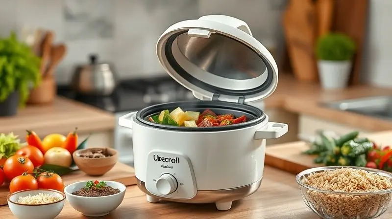 Panela elétrica de arroz multifuncional cozinhando além de arroz, como vegetais e grãos.