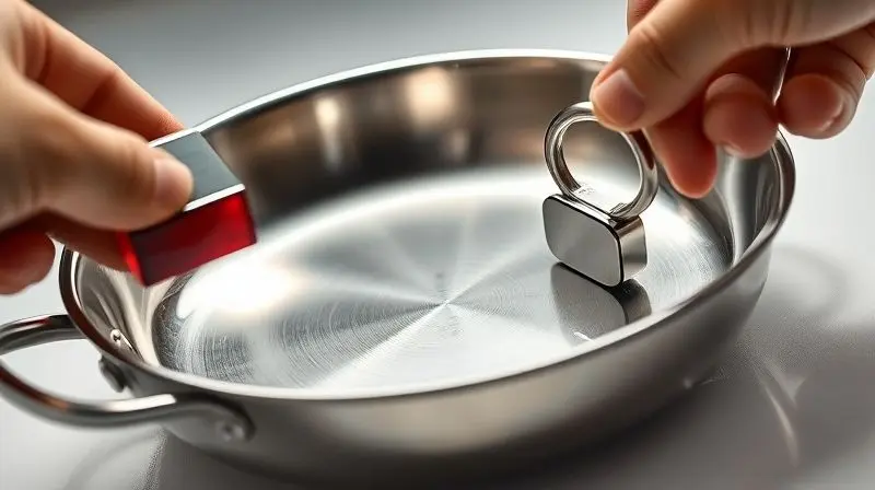 Identificando panela de aço cirúrgico autêntico com teste de magnetismo e inspeção visual.