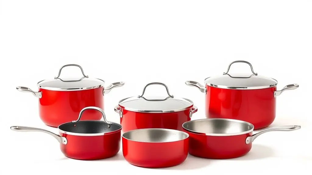 Jogo de panelas Hércules vermelho de 5 peças em foto profissional, exibindo design antiaderente e acabamento durável para cozinha.