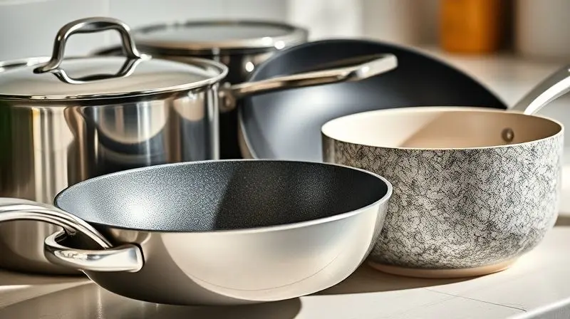 Diferentes materiais de panelas Tramontina: inox, antiaderente e cerâmica, com texturas destacadas.