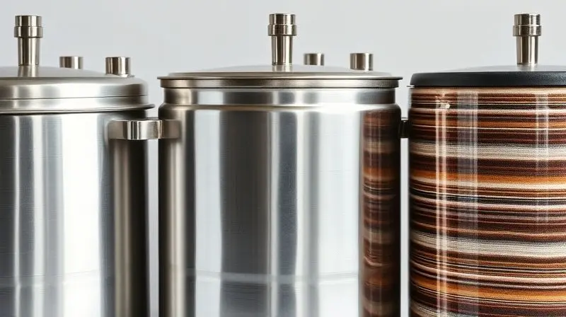 Comparação de materiais em panelas de pressão: alumínio, inox e multicamadas.