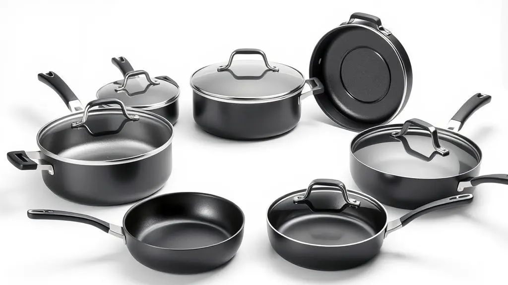 Jogo de panelas antiaderentes premium em composição simétrica, destacando design moderno e qualidade superior para cozinha.