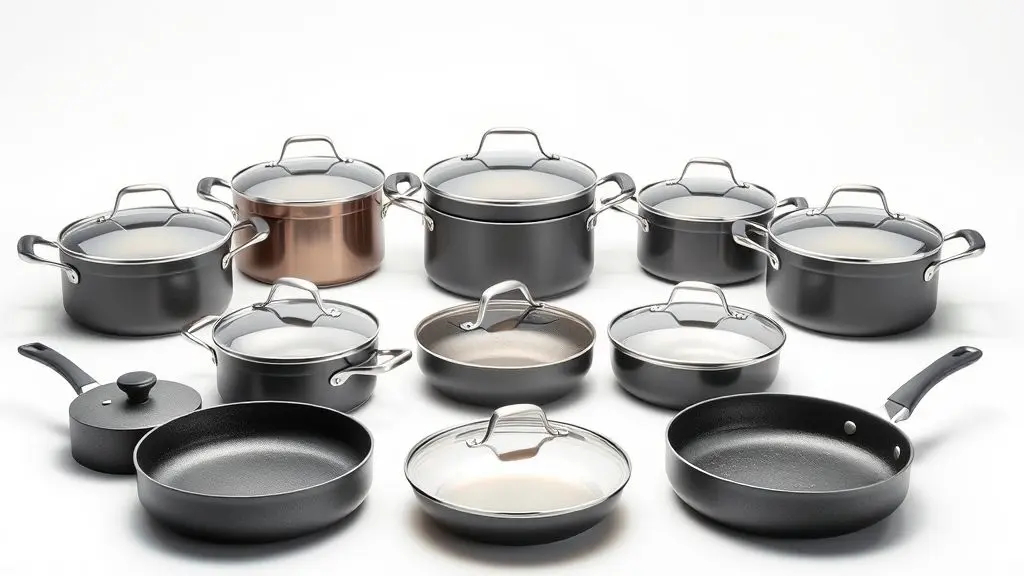 Conjunto premium de panelas em aço inox e cerâmica, arranjado simetricamente para cozinha moderna e eficiente.