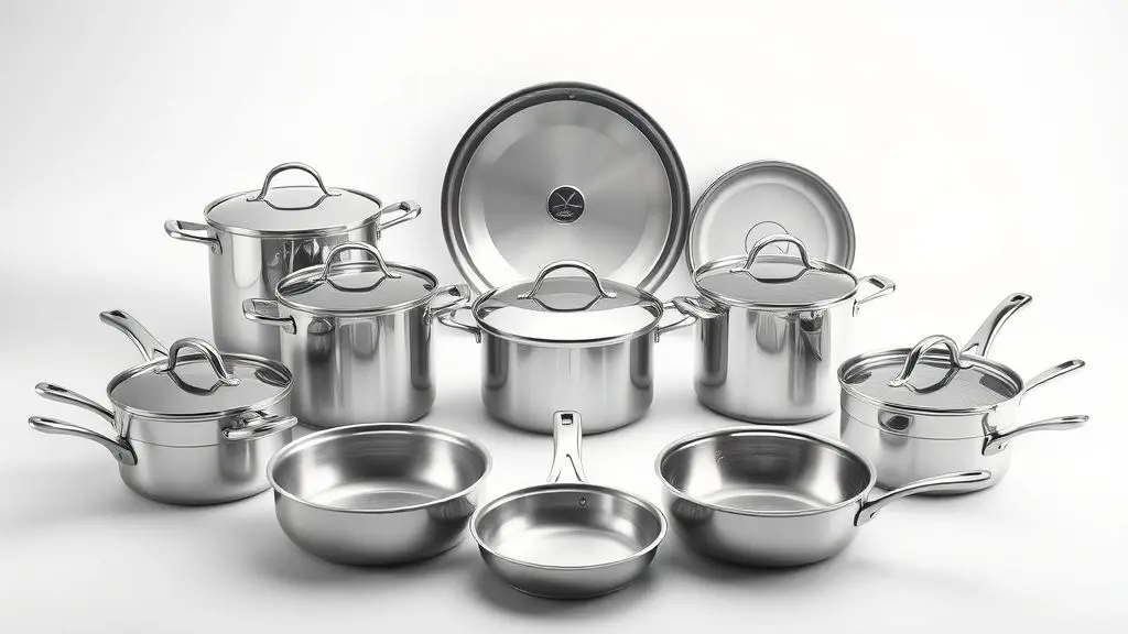 Jogo de panelas Tramontina em aço inox antiaderente para cozinha moderna, destacando durabilidade e design elegante.