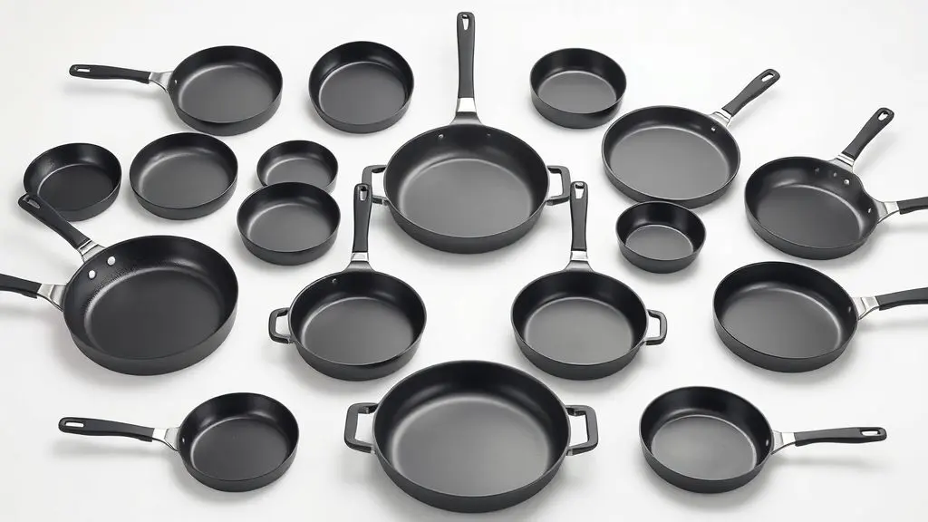Composição simétrica de panelas antiaderentes profissionais, destacando texturas e durabilidade para cozinha moderna.