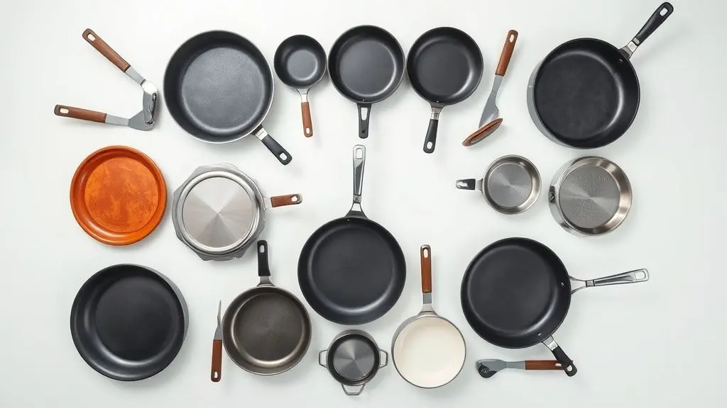 Conjunto de panelas variadas em composição simétrica, destacando materiais e designs para cozinha moderna.
