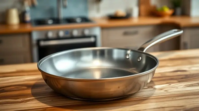 Panela de inox antiaderente vista de perto em cozinha moderna.