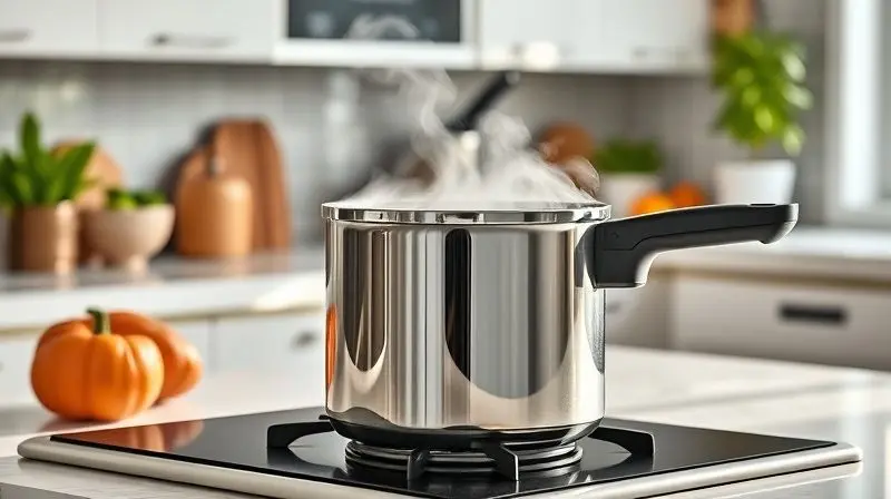 Panela de pressão antiaderente em uso na cozinha, demonstrando confiabilidade e facilidade de limpeza.