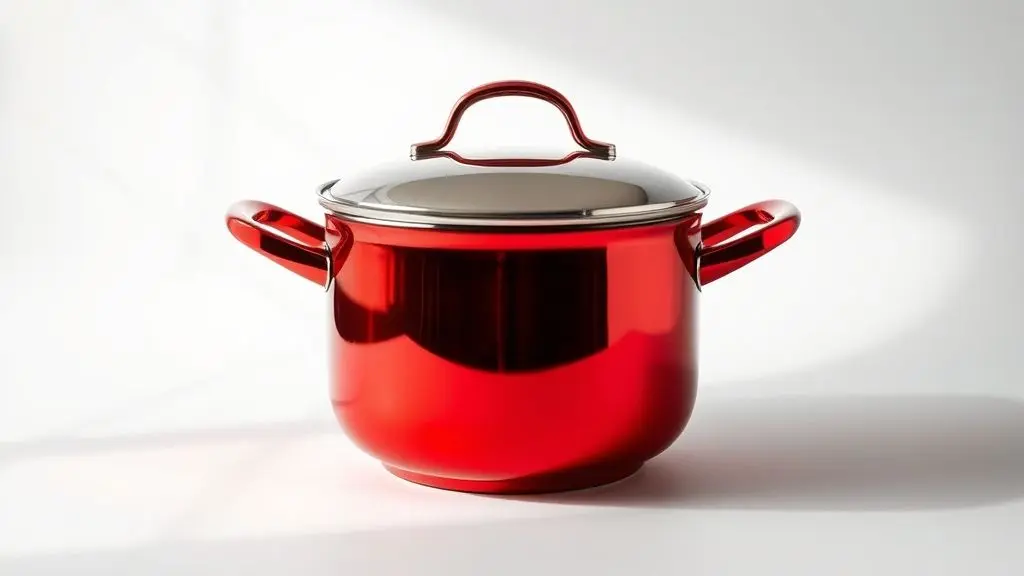 Panela vermelha prateada de alta qualidade em estúdio profissional, destacando design durável e acabamento premium para cozinha moderna.