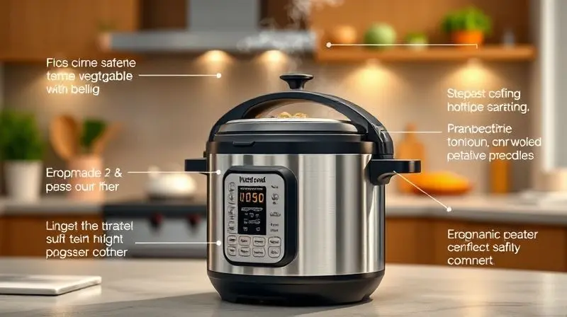 Panela de pressão elétrica em uso seguro na cozinha, destacando vapor e recursos de segurança.