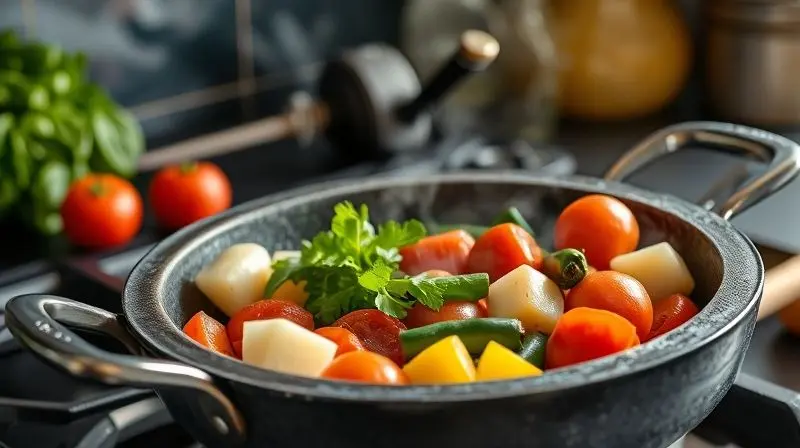 Panela de pedra-sabão cozinhando vegetais frescos, ilustrando vantagens de uso diário.