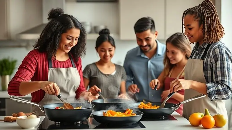 Família cozinhando com jogo de panelas antiaderentes de alta qualidade, destacando praticidade e durabilidade.