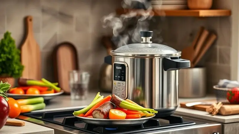 Panela de pressão na cozinha preparando refeições rápidas e nutritivas.